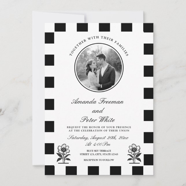 Sleek Black & White Photo Chequerboard Wedding Invitation (Front)