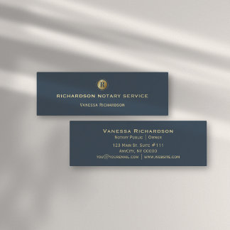Sleek Blue & Gold Monogram Icon Notary Public Mini Business Card