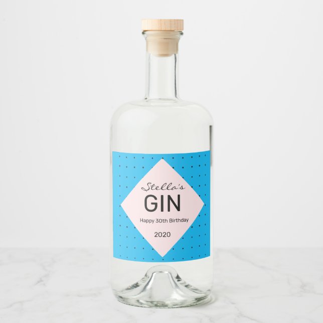 Sleek blue personalised gin bottle label (Front)