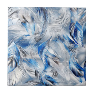 Sleek Blue Silver Feather Pattern Modern Art Ceramic Tile
