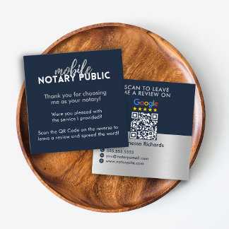 Sleek Blue Silver Google Review QR Code Notary  Square Business Card