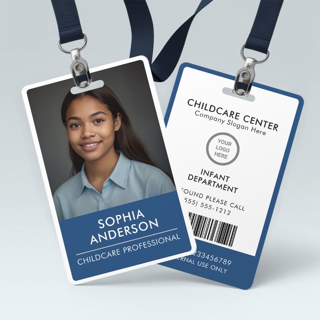 Sleek Blue & White Modern Minimalist Childcare ID Badge (Creator Uploaded)