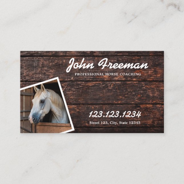 Sleek Brown and White Horse Photo Script Equine Business Card (Front)