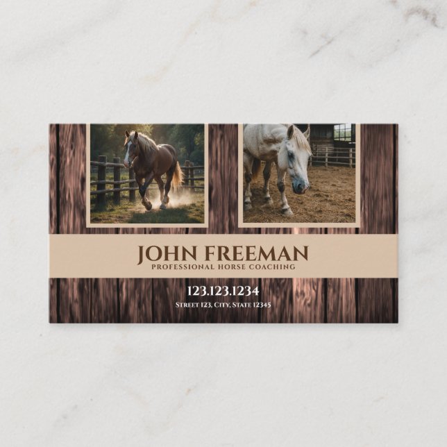 Sleek Brown Wood Horses Photos Equine Coaching Business Card (Front)