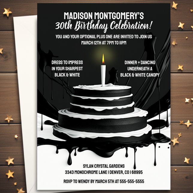 Sleek Cake Black and White Theme Birthday Party Invitation (Creator Uploaded)
