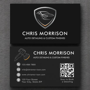 Sleek Car Detailing Shield QR Code Professional Business Card