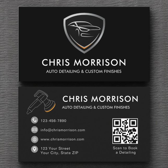 Sleek Car Detailing Shield QR Code Professional Business Card (Creator Uploaded)