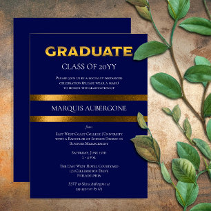 Sleek College Univ Blue Gold Graduation Party Invitation