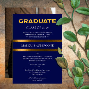 Sleek College Univ Blue Gold Graduation Party Invitation