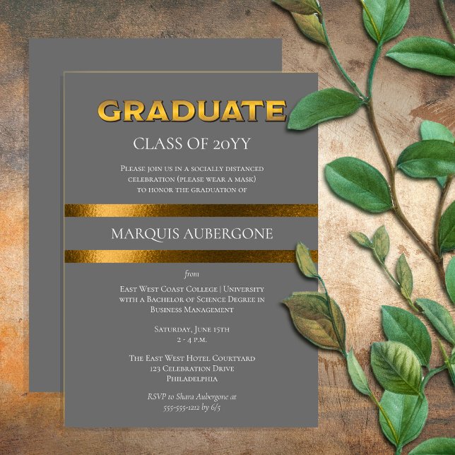 Sleek College | Univ Gray | Gold Graduation Party Invitation (Creator Uploaded)