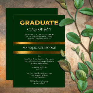Sleek College   Univ Green   Gold Graduation Party Invitation