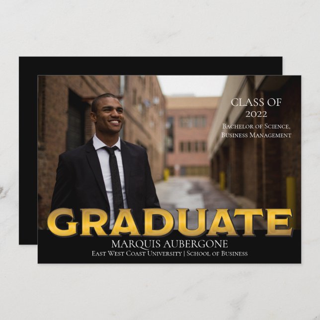 Sleek College | Univ Photo Graduate Black | Gold Invitation (Front/Back)