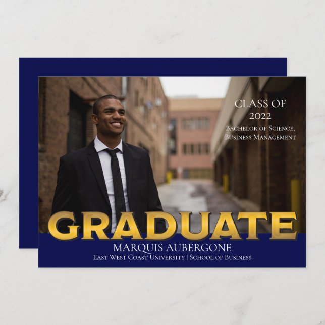 Sleek College | Univ Photo Graduate Blue | Gold Invitation (Front/Back)