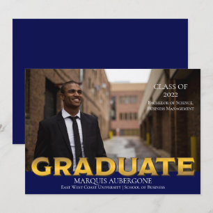 Sleek College Univ Photo Graduate Blue Gold Invitation