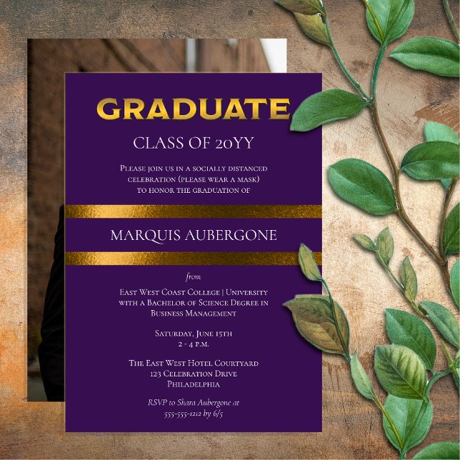 Sleek College | Univ Purple| Gold Graduation Party Invitation (Sleek College or University Purple | Gold Graduation Announcement and Party Invitation Print Digital)