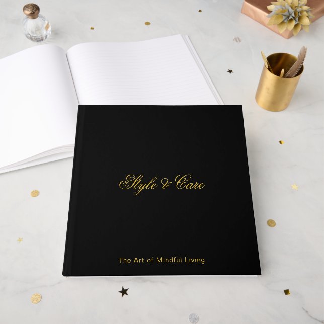 Sleek Custom Text Minimal Black Guest Book Design (Front Open)