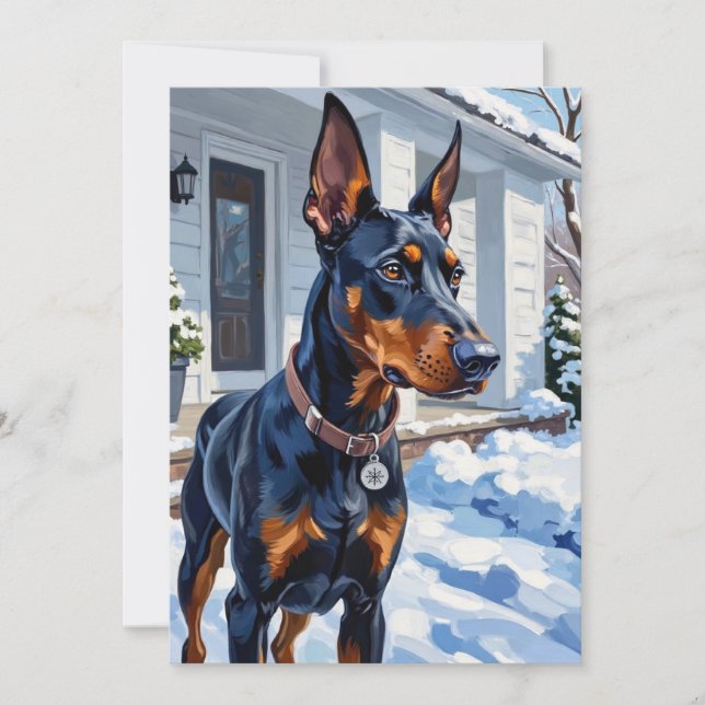 Sleek Doberman Pinscher Modern Winter Snowflake Holiday Card (Front)