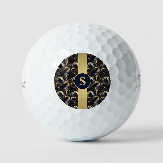 Sleek Elegance Black and Gold Marble Golf Balls (Front)