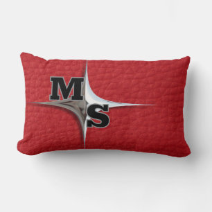 Sleek Faux Red Leather Monogram Lumbar Cushion