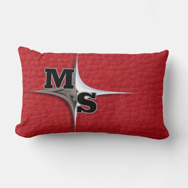 Sleek Faux Red Leather Monogram Lumbar Cushion (Front)