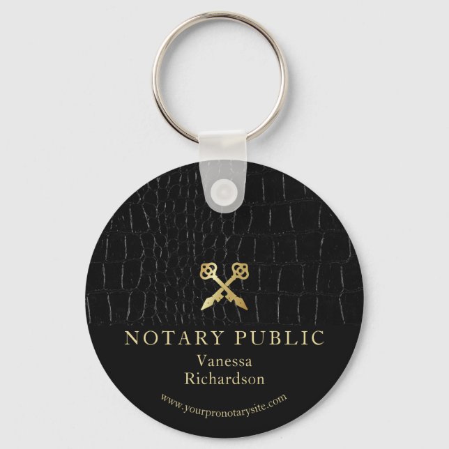 Sleek Glossy Black Crocodile Gold Icon Notary  Key Ring (Front)