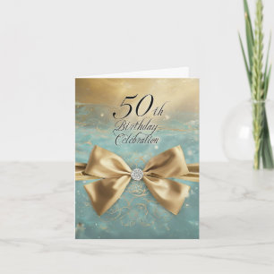 Sleek Gold Floral 50th Birthday Diamond Bow Invitation