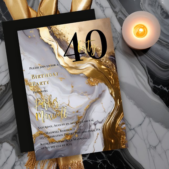 Sleek Gold | White Marble Modern 40 Birthday Party (Sleek Faux Gold and White Marble Modern "21" 21st Birthday Party Invitation - Gold Foil Text Accents)