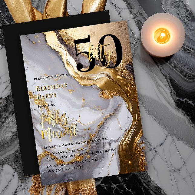 Sleek Gold | White Marble Modern 50 Birthday Party (Sleek Faux Gold and White Marble Modern "50" 50th Birthday Party Invitation - Gold Foil Text Accent )