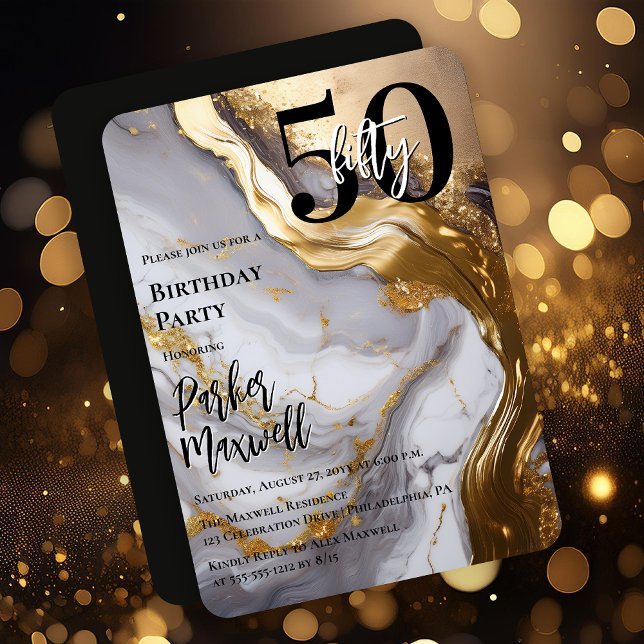 Sleek Gold | White Marble Modern 50 Birthday Party Invitation (Sleek Faux Gold and White Marble Modern "50" 50th Birthday Party Invitation - Print | Digital )