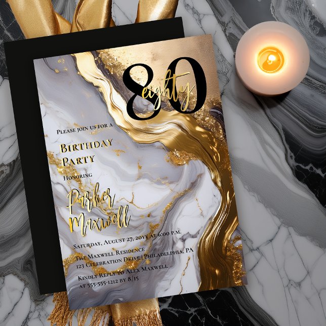 Sleek Gold | White Marble Modern 80 Birthday Party (Sleek Faux Gold and White Marble Modern "80" 80th Birthday Party Invitation - Gold Foil Text Accents)