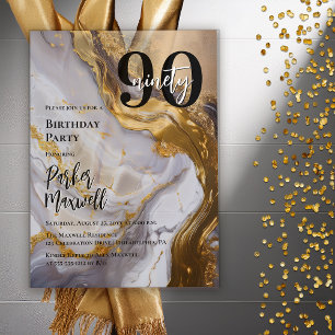 Sleek Gold   White Marble Modern 90 Birthday Party Acrylic Invitations