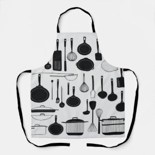 Sleek line art depicting kitchen utensils cooking apron