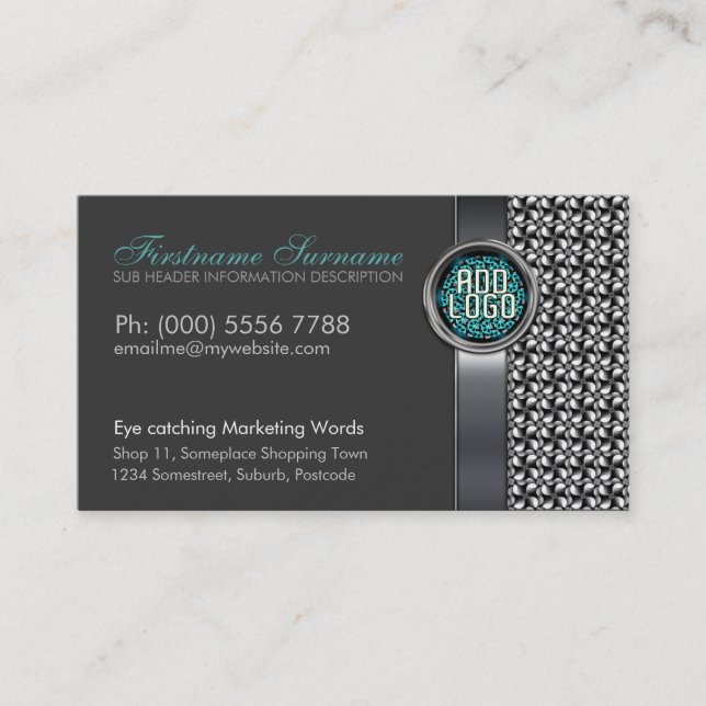 Sleek Metallic Silver Black w/ Logo Business Cards (Front)
