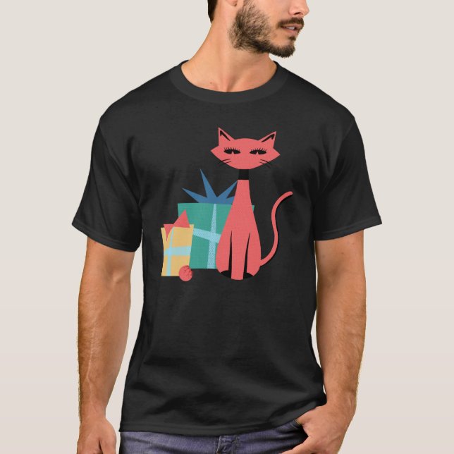 Sleek Mid Century Modern Christmas Cat with Presen T-Shirt (Front)