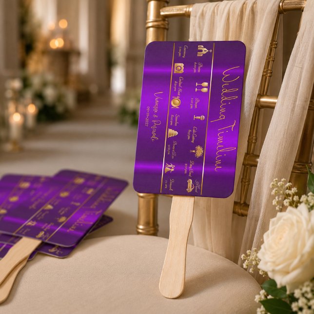 Sleek Modern Luminous Violets Wedding Timeline  Hand Fan (Modern Sleek Purple Wedding Timeline Program Fans )