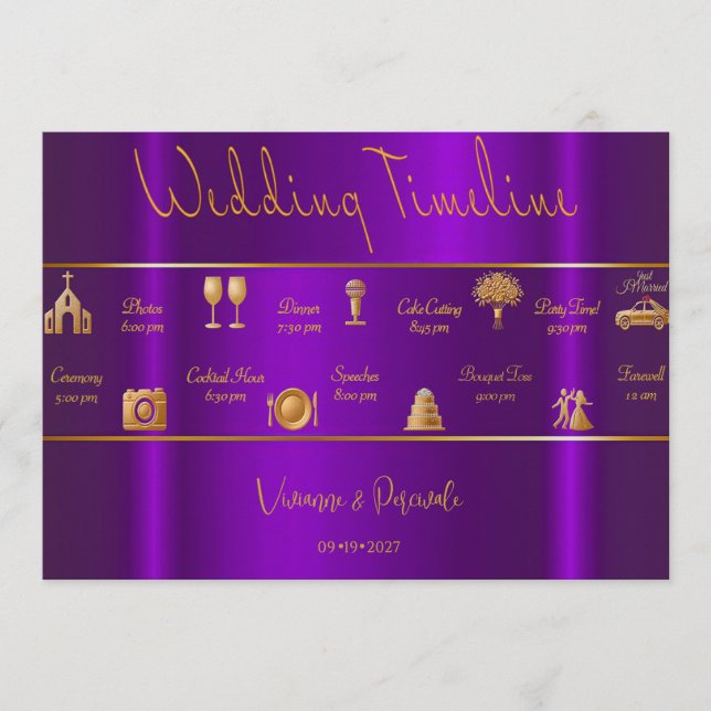 Sleek Modern Luminous Violets Wedding Timeline  Program (Front)