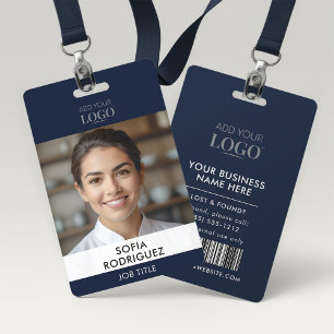 Sleek Modern Navy Blue Corporate Photo Barcode ID ID Badge