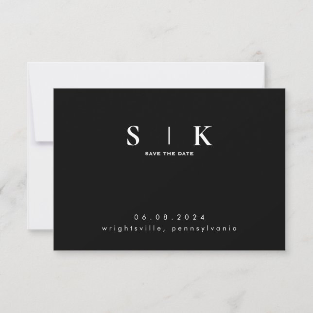 Sleek Monogram Black Wedding QR Code Save the Date (Front)