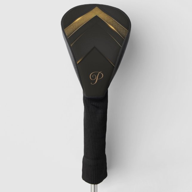 Sleek Monogrammed Black And Gold Chevron   Golf Head Cover (Front)