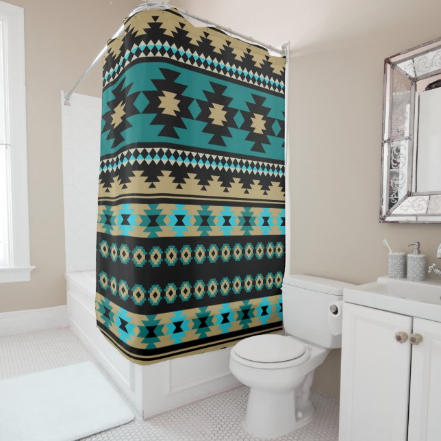 Sleek Native Tribal Aztec Blue and Black Shower Curtain (In Situ)