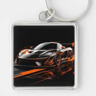 Sleek Orange Sports Car Racing Key Ring