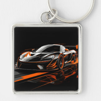 Sleek Orange Sports Car Racing Key Ring