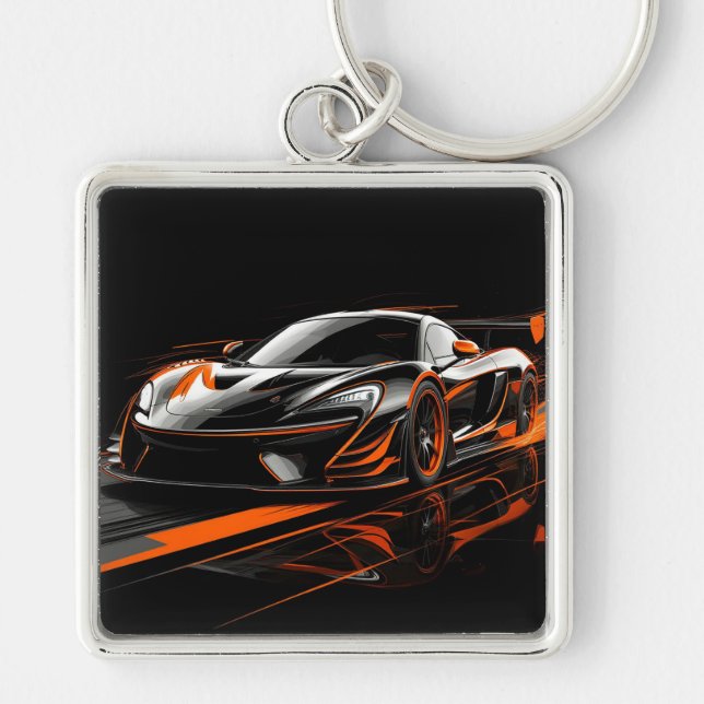 Sleek Orange Sports Car Racing Key Ring (Front)