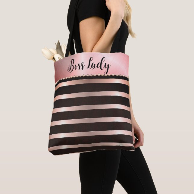 Sleek Pink Striped Boss Lady Tote (Close Up)