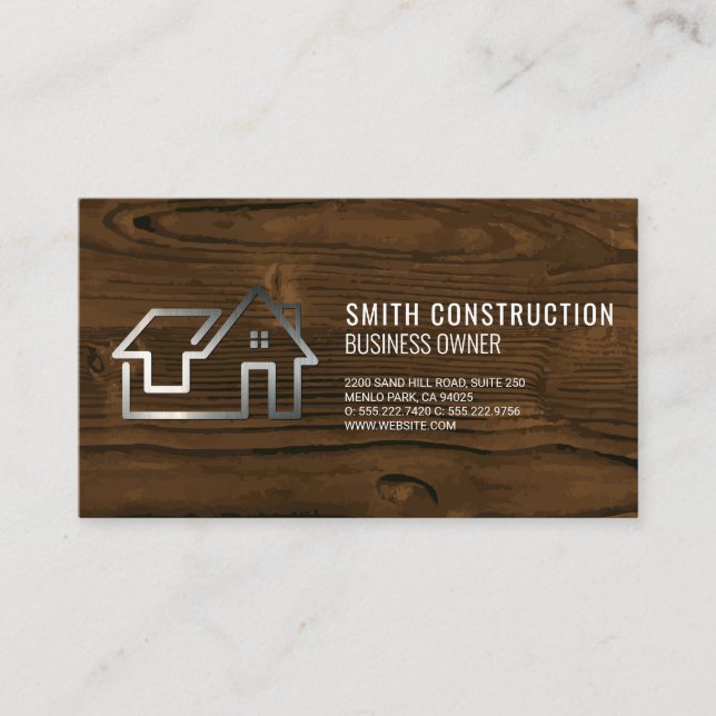Sleek Real Estate Logo | Wood Grain Background Business Card (Front)