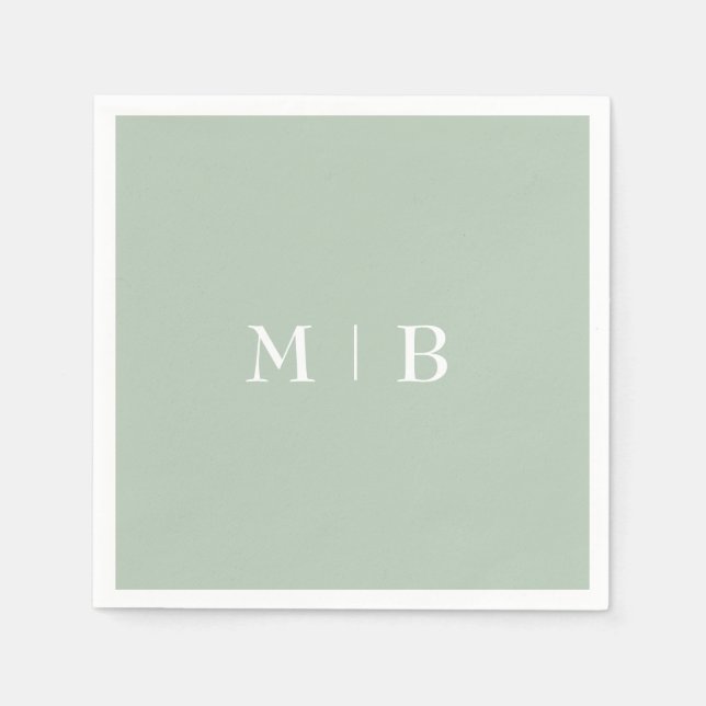 Sleek Sage White Monogram Wedding  Napkin (Front)