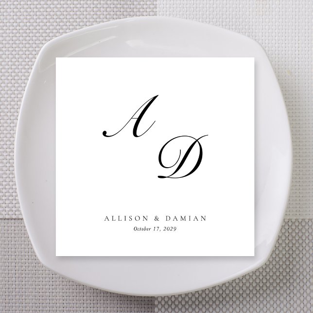Sleek Script Monogram Wedding Napkin (Sleek script monogram wedding napkins with names and date)