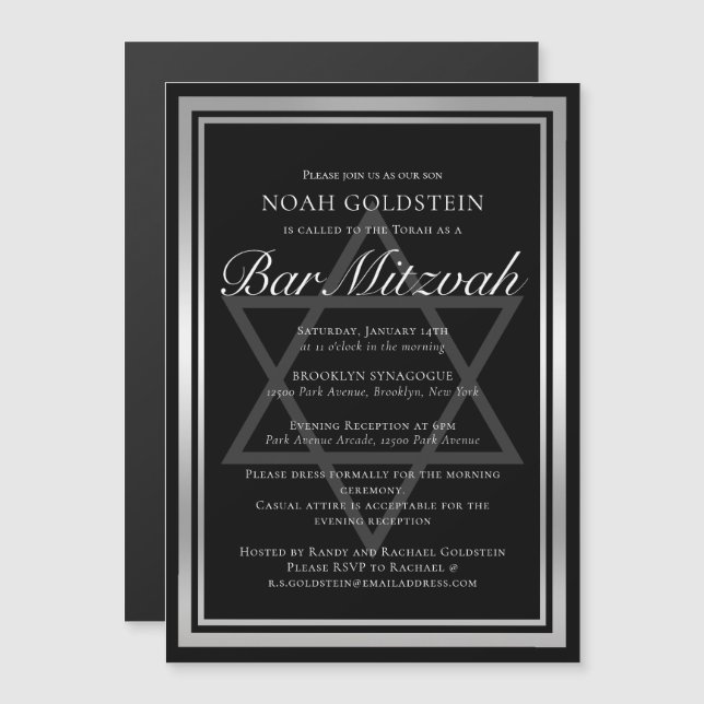 Sleek Silver Black Formal Bar Mitzvah Magnetic Invitation (Front/Back)