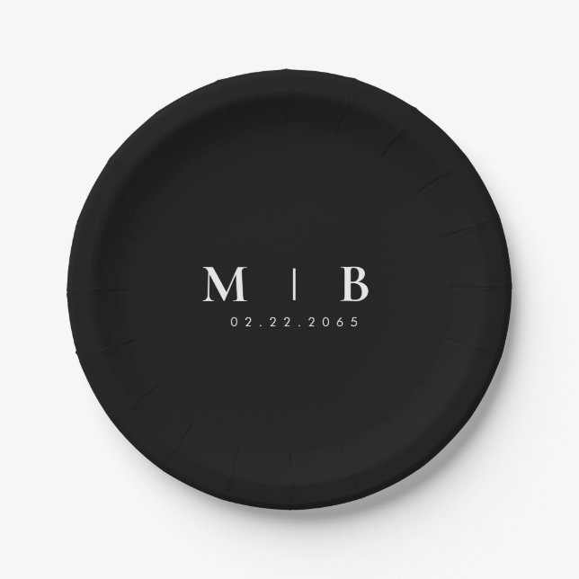 Sleek Simple B/W Monogram Wedding  Paper Plate (Front)