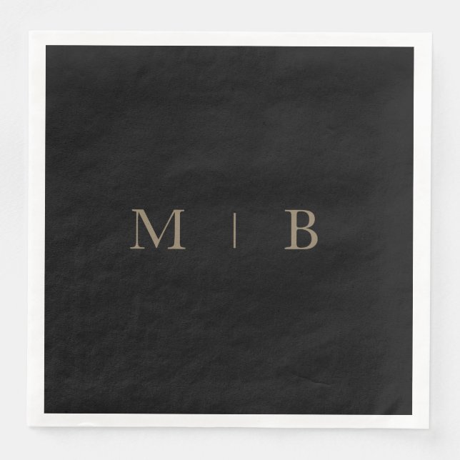 Sleek Simple Gold Monogram Black Cocktail II Napkin (Front)